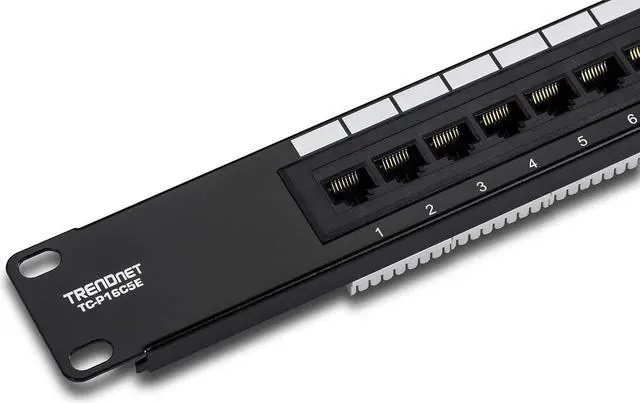 Main image of TRENDnet 16-Port Cat5/5e Unshielded Patch Panel, TC-P16C5E, Wallmount or Rackmount, 1U 19", 100Mhz Connection, Ethernet/Fast Ethernet/Gigabit Ethernet (1000Base-T), Cat3/Cat4/Cat5 Compatible