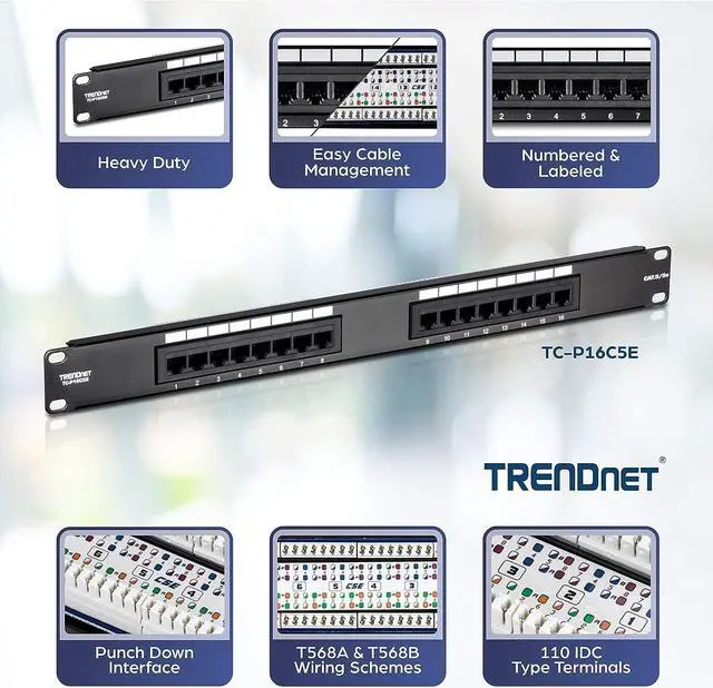Alt view image 2 of 7 - TRENDnet 16-Port Cat5/5e Unshielded Patch Panel, TC-P16C5E, Wallmount or Rackmount, 1U 19", 100Mhz Connection, Ethernet/Fast Ethernet/Gigabit Ethernet (1000Base-T), Cat3/Cat4/Cat5 Compatible