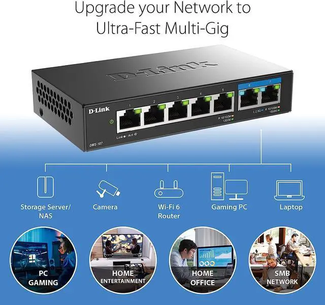 Alt view image 3 of 6 - D-Link 7-Port 2.5GB Unmanaged Gaming Switch with 2 x 2.5G, 5 x 10/100/1000 Mbps - Multi-Gig, Network, Fanless, Plug & Play (DMS-107) Black, Welcome to consult