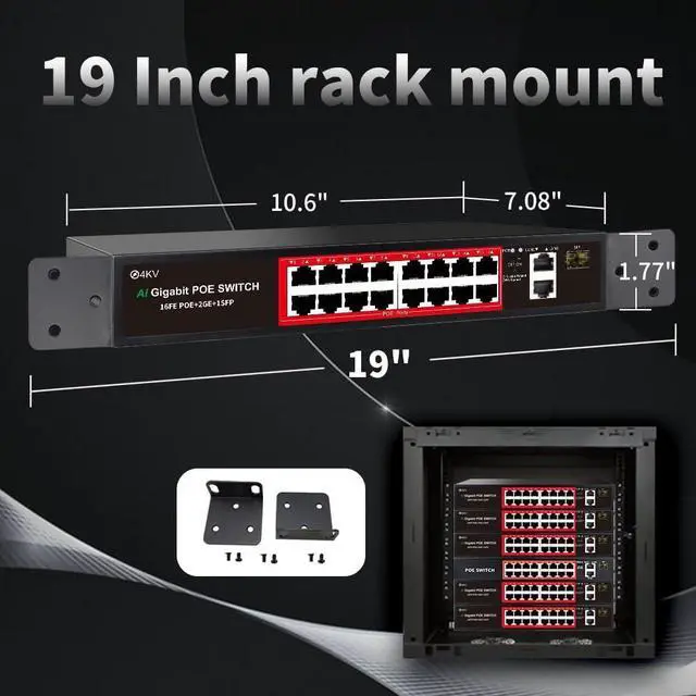 Alt view image 5 of 7 - PoE Switch with 16 POE Ports +2 Gigabit Uplink,1 x 1.25G SFP,802.3af/at PoE+ 100Mbps, 240W Built-in Power, Extend to 250Meter,Unmanaged Metal Plug and Play