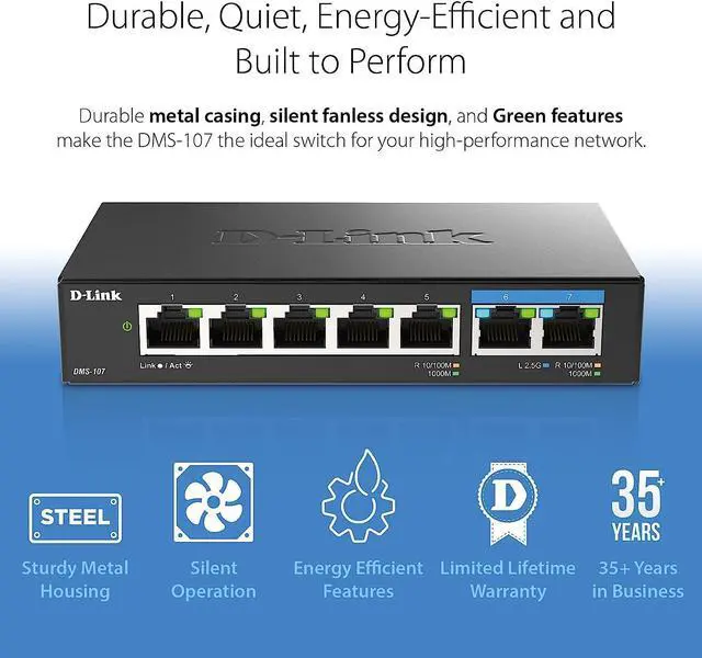 Alt view image 4 of 6 - D-Link 7-Port 2.5GB Unmanaged Gaming Switch with 2 x 2.5G, 5 x 10/100/1000 Mbps - Multi-Gig, Network, Fanless, Plug & Play (DMS-107) Black, Welcome to consult