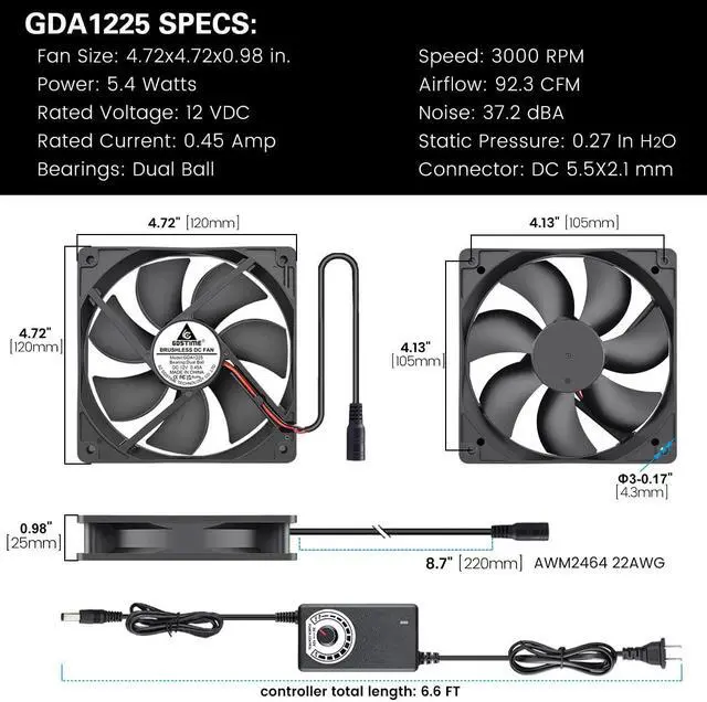 Alt view image 5 of 7 - GDSTIME 120mm AC 110V 220V DC 12V Powered Fan with Speed Control, for Receiver Amplifier DVR Playstation Xbox Component Cooling, Welcome to consult