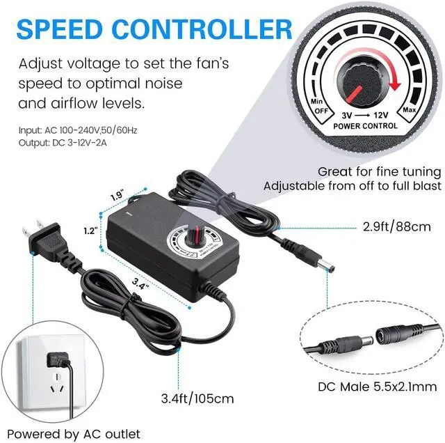 Alt view image 4 of 7 - GDSTIME 120mm AC 110V 220V DC 12V Powered Fan with Speed Control, for Receiver Amplifier DVR Playstation Xbox Component Cooling, Welcome to consult