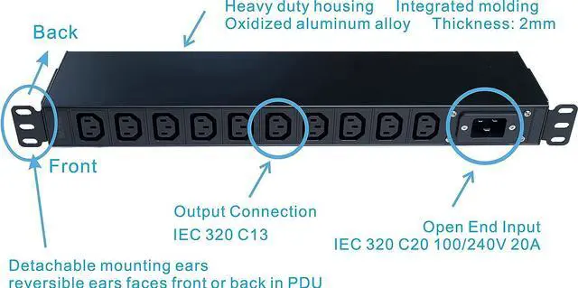 Alt view image 2 of 5 - WTH-CS/PDU-C13-E (US121052E) Heavy Duty Metal 1U Rack Mount PDU, Inlet C20 20A 120/240V Open end (Without Extension Cord), Outlet C13 x10 Ports