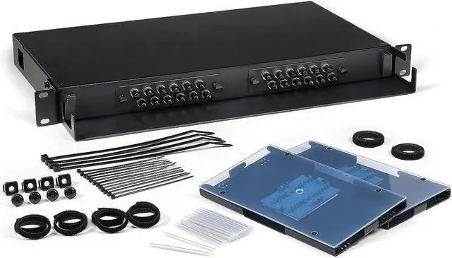 Main image of Fiber Optic Patch Panel, Rack Mount, 1 RU, Includes 2 ST Adapter Plates, Singlemode or Multimode Compatible, Includes Splice Trays, Up to 24 Fiber Capacity