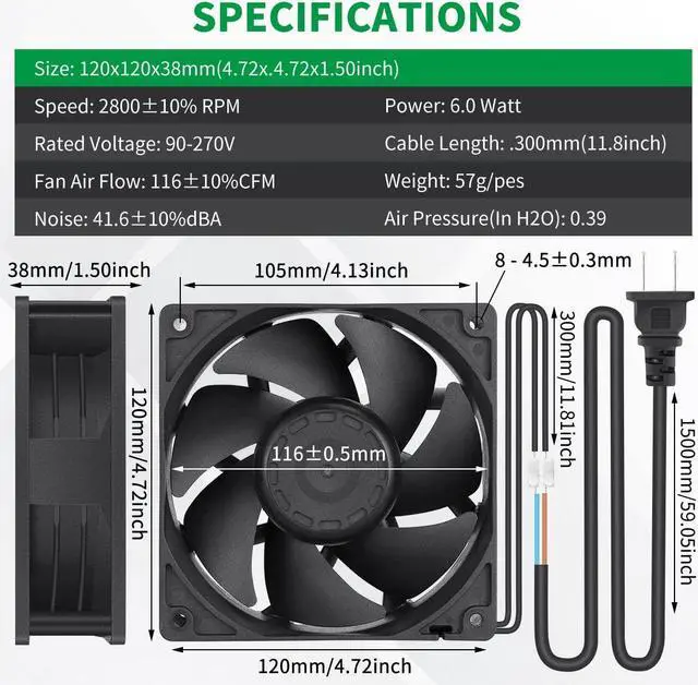 Alt view image 5 of 7 - EC 120mm x 38mm Axial Fan AC 110v 120v 220v 240v Ball Bearing High Airflow for Server Rack Industrial Case Exhaust Cooling