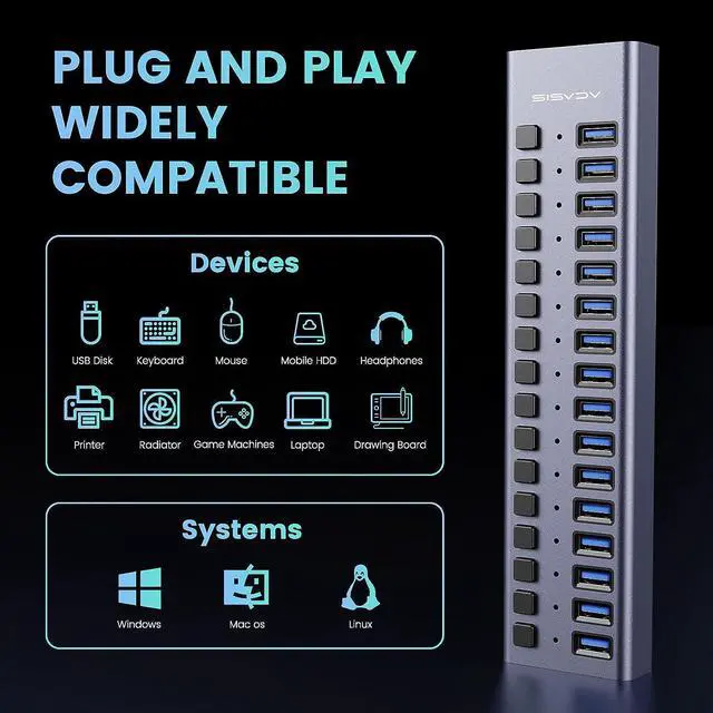 Alt view image 7 of 7 - Powered USB Hub - ACASIS 16 Ports 90W USB 3.0 Data Port, Aluminum Housing, Individual On/Off Switches, 12V/7.5A Power Adapter, 5Gbps High Speed, USB 3.0 Hub for Laptop, PC, Computer, Mobile HDD