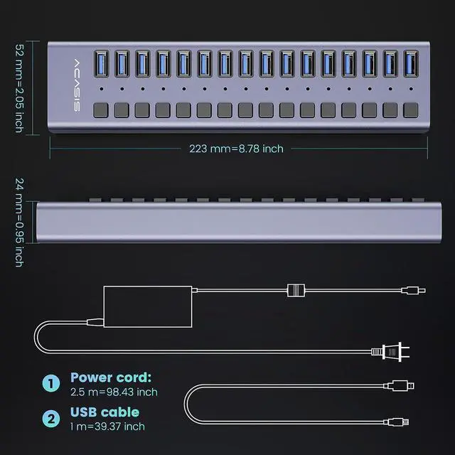 Alt view image 6 of 7 - Powered USB Hub - ACASIS 16 Ports 90W USB 3.0 Data Port, Aluminum Housing, Individual On/Off Switches, 12V/7.5A Power Adapter, 5Gbps High Speed, USB 3.0 Hub for Laptop, PC, Computer, Mobile HDD