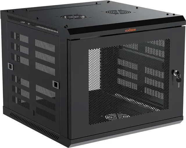 Main image of ECHOGEAR 9U Network Rack - Enclosed Wall Mount Rack Kit Includes 2X 1U Shelves, Pre-Mounted Fan, Lockable Door & Hardware - 600mm Depth Fits All Your AV Gear