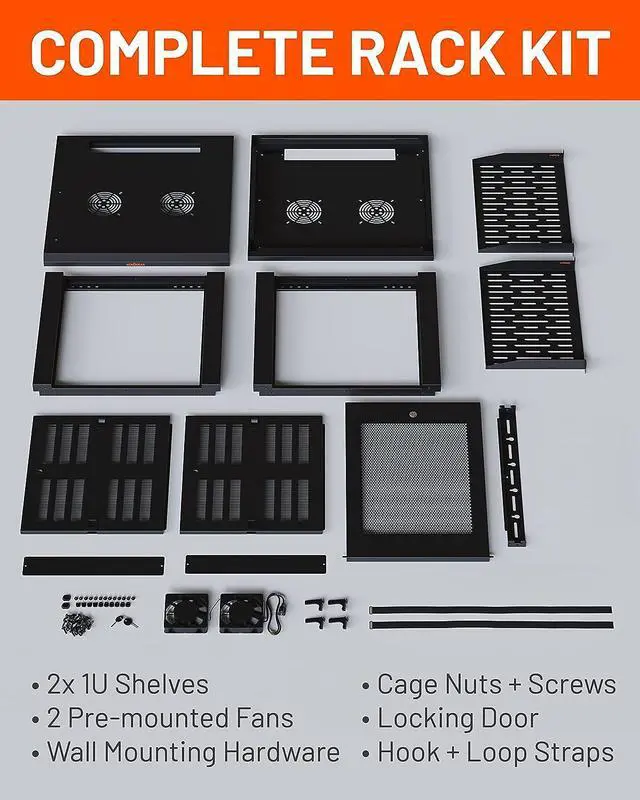 Alt view image 6 of 7 - ECHOGEAR 9U Network Rack - Enclosed Wall Mount Rack Kit Includes 2X 1U Shelves, Pre-Mounted Fan, Lockable Door & Hardware - 600mm Depth Fits All Your AV Gear