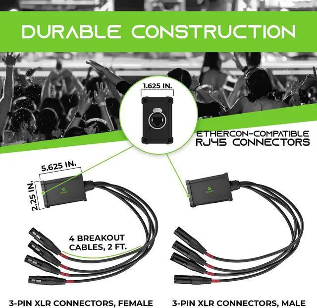 Alt view image 7 of 7 - 4 Channel Snake (2ft Breakout Cable) 3Pin XLR to Ethercon RJ45 Cat5/Cat6 Ethernet Extender - 4 XLR (2 Male, 2 Female) for Live Stage, Sound, Lighting, Audio Recording Studio