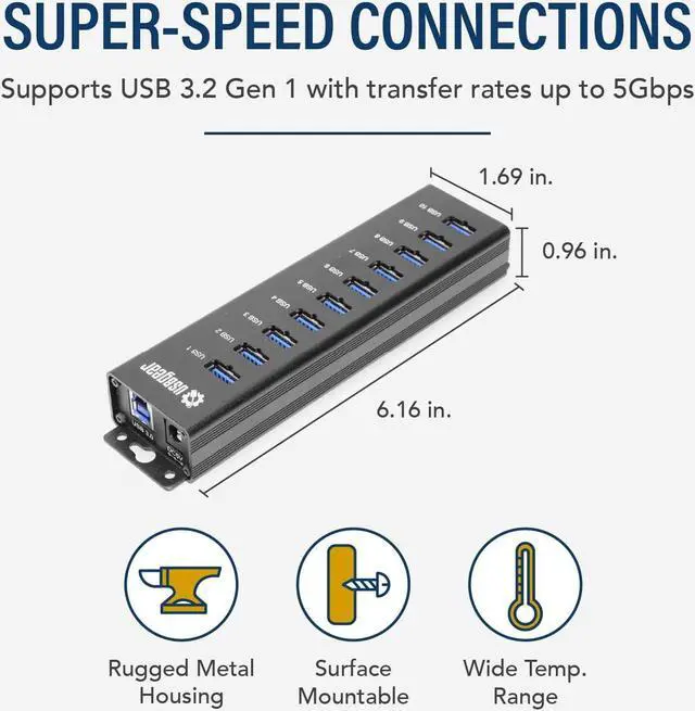 Alt view image 2 of 6 - 10-Port USB 3.2 Gen 1 Mountable Charging and SuperSpeed Data Hub with 5V/2A Power Adapter and USB Type-A to Type-B Cable Up to 900mA per Port Charging Function Wall and Surface Mounting