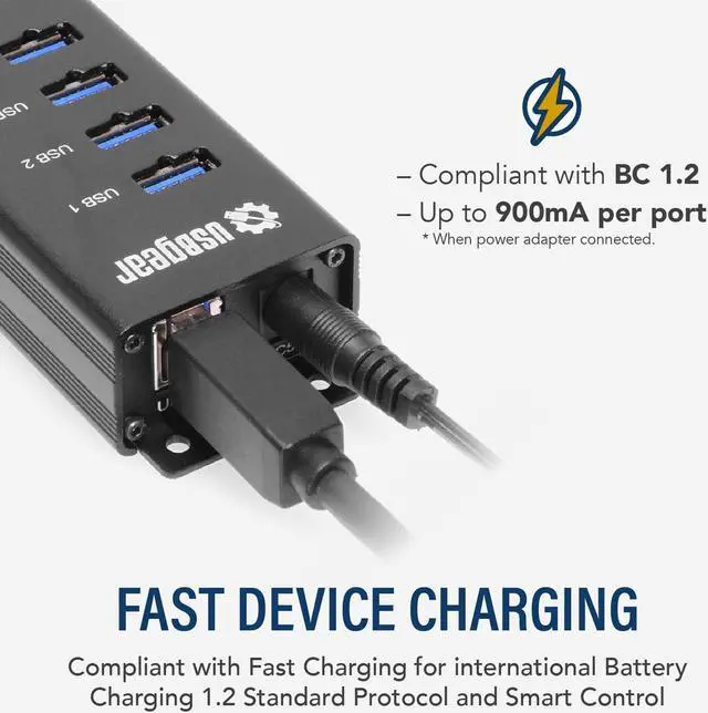 Alt view image 4 of 6 - 10-Port USB 3.2 Gen 1 Mountable Charging and SuperSpeed Data Hub with 5V/2A Power Adapter and USB Type-A to Type-B Cable Up to 900mA per Port Charging Function Wall and Surface Mounting