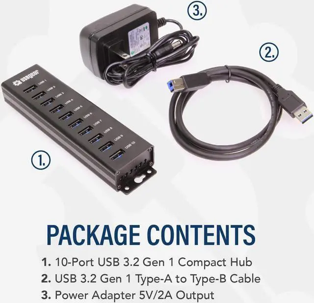 Alt view image 6 of 6 - 10-Port USB 3.2 Gen 1 Mountable Charging and SuperSpeed Data Hub with 5V/2A Power Adapter and USB Type-A to Type-B Cable Up to 900mA per Port Charging Function Wall and Surface Mounting