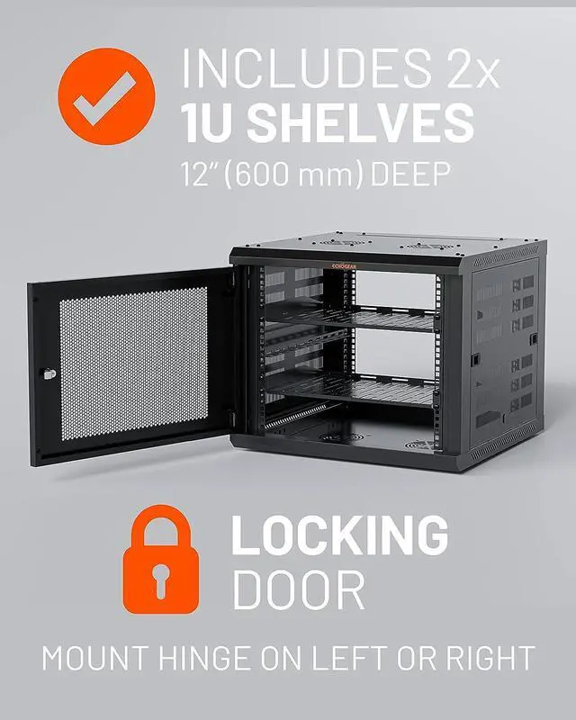 Alt view image 3 of 7 - ECHOGEAR 9U Network Rack - Enclosed Wall Mount Rack Kit Includes 2X 1U Shelves, Pre-Mounted Fan, Lockable Door & Hardware - 600mm Depth Fits All Your AV Gear