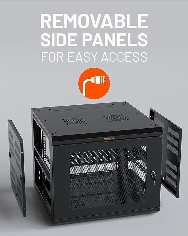 Alt view image 7 of 7 - ECHOGEAR 9U Network Rack - Enclosed Wall Mount Rack Kit Includes 2X 1U Shelves, Pre-Mounted Fan, Lockable Door & Hardware - 600mm Depth Fits All Your AV Gear