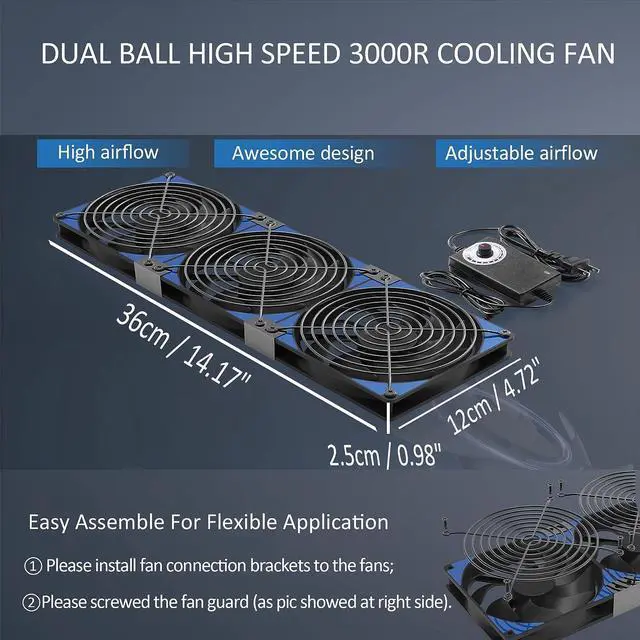 Alt view image 4 of 6 - 120mmx3 360mm Adjustable Computer PC Vent Fans 3-12V Speed Controller for Chicken Coop Rack Space Window Wall Cabinet Server Mining Rig Exhaust Cooling, Welcome to consult
