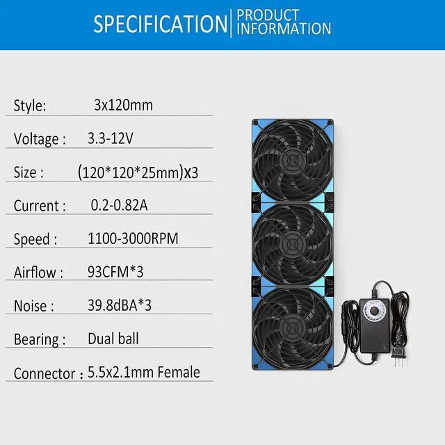 Alt view image 6 of 6 - 120mmx3 360mm Adjustable Computer PC Vent Fans 3-12V Speed Controller for Chicken Coop Rack Space Window Wall Cabinet Server Mining Rig Exhaust Cooling, Welcome to consult