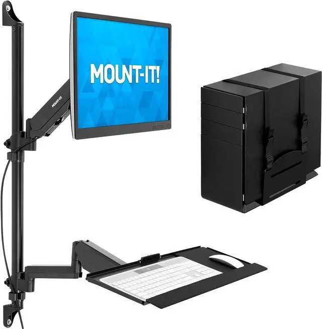 Main image of Wall Mount Workstation with Single Monitor Mount, Keyboard Tray and CPU Holder, Height Adjustable Full Motion Arms, Fits One 32 Inch Computer Screens