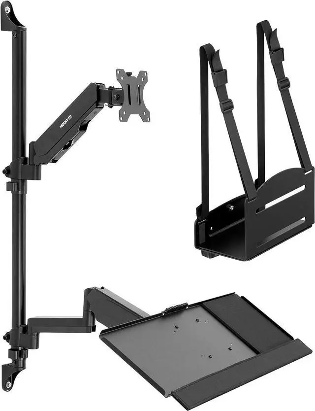 Alt view image 2 of 7 - Wall Mount Workstation with Single Monitor Mount, Keyboard Tray and CPU Holder, Height Adjustable Full Motion Arms, Fits One 32 Inch Computer Screens