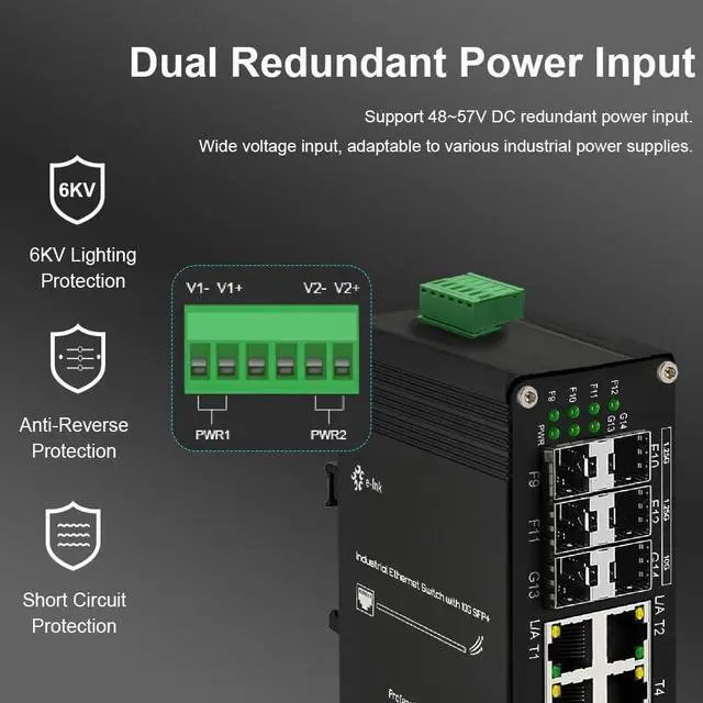 Alt view image 4 of 6 - Industrial 8 Port Gigabit Ethernet Plus PoE Switch with 2x10G SFP+ and 4X 1G/2.5G/10G/Multi-gig SFP, 240W High Power, Support IEEE802.3af/at, Rack Mount Unmanaged Plug and Play Ethernet Switch