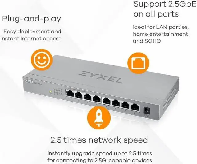 Alt view image 6 of 7 - Zyxel 8-Port 2.5GbB MultiGig Ethernet Unmanaged Switch | 8 x 100/1G/2.5G Mbps Ports | Plug & Play | Metal Housing | Desktop or Wall-Mount | Ethernet Splitter MG-108