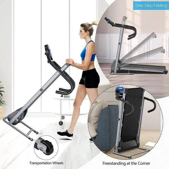 Alt view image 4 of 7 - GYMAX Folding Treadmill, Electric Motorized Running Walking Machine with LCD Monitor, 12 Preset Program & Heart Rate Sensor, Compact Home Gym Cardio Training Workout Equipment
