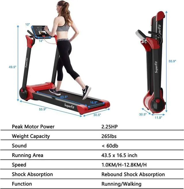 Alt view image 7 of 7 - GYMAX Folding Treadmill, 2.25HP Electric Motorized Running Walking Machine with LED Touch Screen, Portable Cardio Workout Treadmill for Home Gym Office