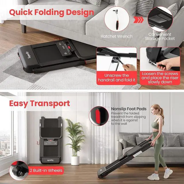 Alt view image 7 of 7 - Goplus 3HP Foldable Treadmill with Desk, Superfit Folding Treadmills for Home Office, Adjustable Height, Bluetooth Speaker, APP Control, LED Display, 25 Preset Programs, Portable Walking Machine