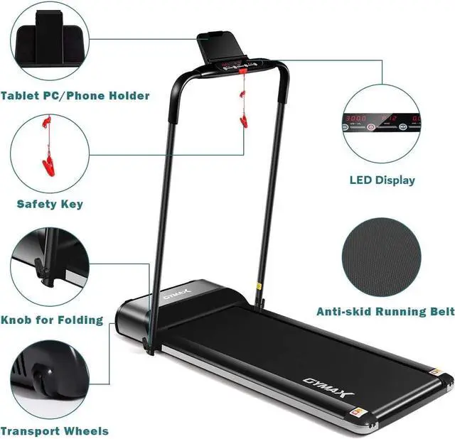 Alt view image 2 of 7 - GYMAX Folding Treadmill, Slim Foldable Exercise Running Walking Machine with LED Monitor & Tablet/Phone Holder, Ultra-Thin Installation-Free Treadmill for Home/Gym