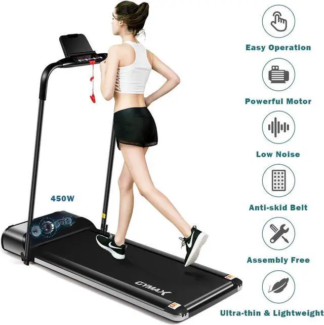 Alt view image 4 of 7 - GYMAX Folding Treadmill, Slim Foldable Exercise Running Walking Machine with LED Monitor & Tablet/Phone Holder, Ultra-Thin Installation-Free Treadmill for Home/Gym