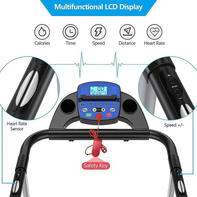 Alt view image 2 of 7 - GYMAX Folding Treadmill, Electric Motorized Running Walking Machine with LCD Monitor, 12 Preset Program & Heart Rate Sensor, Compact Home Gym Cardio Training Workout Equipment