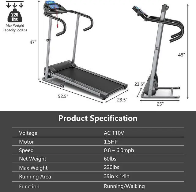 Alt view image 7 of 7 - GYMAX Folding Treadmill, Electric Motorized Running Walking Machine with LCD Monitor, 12 Preset Program & Heart Rate Sensor, Compact Home Gym Cardio Training Workout Equipment