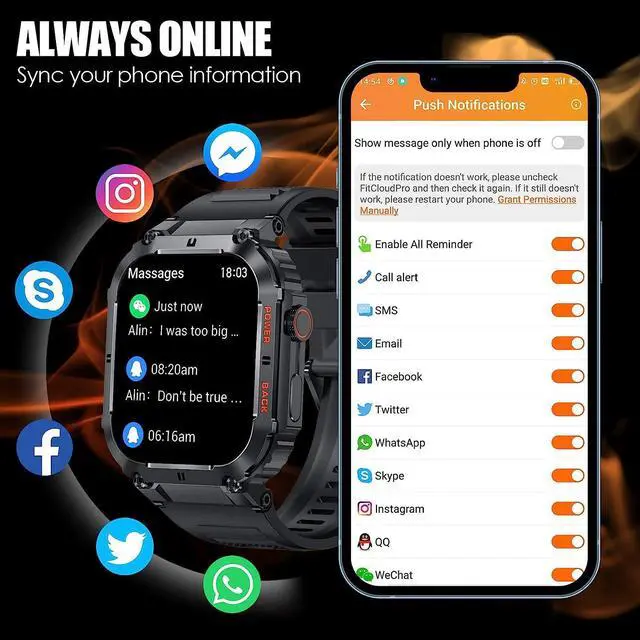 Alt view image 6 of 7 - EIGIIS Military Smart Watches for Men 1.96 HD Big Screen Rugged Smart Watch (Answer/Dial Calls) Outdoor Tactical Sports Watch Fitness Tracker Smartwatch for iPhone Compatible with Android Phones
