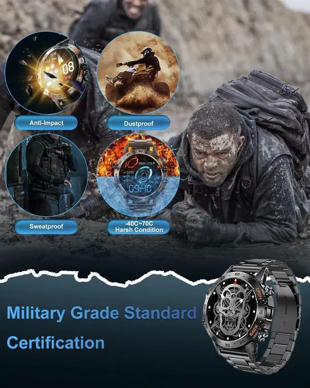 Alt view image 3 of 6 - PODOEIL Military Smart Watch for Men, Full Metal Casing Tactical Outdoor Rugged Watch, 108 Sports Modes Smartwatch with Andriod iOS, 1.39" HD Screen Activity Tracker with Health Monitor
