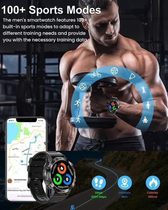 Alt view image 4 of 6 - PODOEIL Military Smart Watch for Men, Full Metal Casing Tactical Outdoor Rugged Watch, 108 Sports Modes Smartwatch with Andriod iOS, 1.39" HD Screen Activity Tracker with Health Monitor
