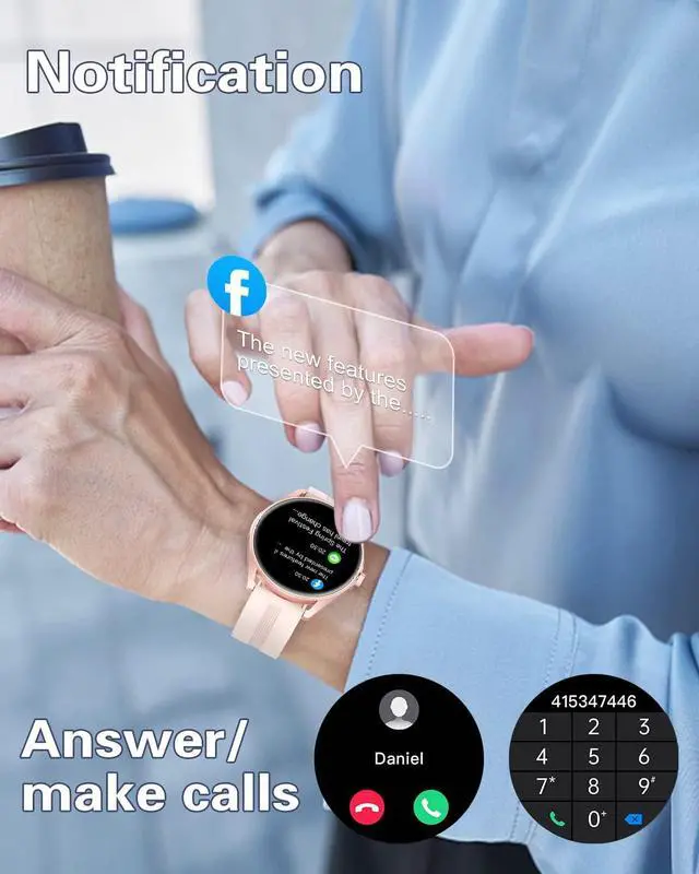 Alt view image 2 of 7 - HUAKUA Smart Watches for Women Men (Answer/Make Calls) Compatible with iPhone/Android Phones, Reloj para Mujer Hombre Round Fitness Tracker with Heart Rate Monitor Sleep/Steps Tracker Waterproof Pink