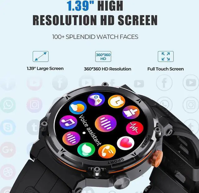Alt view image 7 of 7 - Military Smart Watches for Men, VIRAN 5ATM Waterproof Rugged Smart Watch with Bluetooth Call (Answer/Dial Call), 1.39 HD IP68 Fitness Tracker Watch with 100+ Sport Modes for Android/iOS Phone