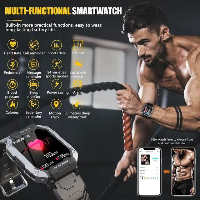 Alt view image 3 of 7 - PYRODUM Military Smart Watch for Men, 5ATM Waterproof Rugged Smartwatch, 1.71" Fitness Watch Tracker with Heart Rate Blood Pressure,24 Sports Modes, Outdoor Sports Smart Watches for Android iOS