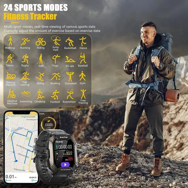 Alt view image 5 of 7 - PYRODUM Military Smart Watch for Men, 5ATM Waterproof Rugged Smartwatch, 1.71" Fitness Watch Tracker with Heart Rate Blood Pressure,24 Sports Modes, Outdoor Sports Smart Watches for Android iOS