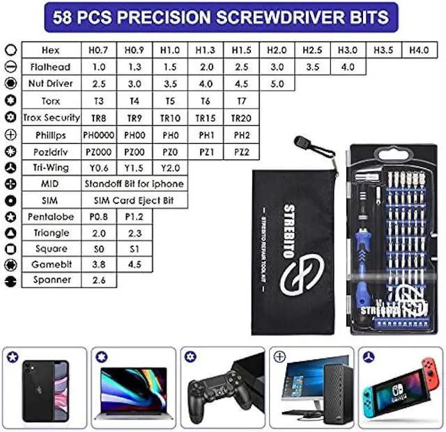 Alt view image 2 of 5 - STREBITO Precision Screwdriver Set, 79 in 1 Screwdriver Kit with 58 Bits & Anti Static Wrist Strap, Magnetic Driver Electronics Repair Tool Kit for Computer, iPhone, Laptop, Cell Phone, Macbook, PS4/5