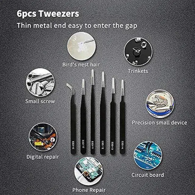 Alt view image 5 of 5 - 17 in 1 Electronics Repair Tools Opening Pry Tool Kit with Dual Ends Metal Spudgers, Black Tweezers Set Replacement for iPad Tablets Laptop Electronics Device Mobile Phone