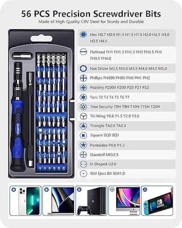 Alt view image 2 of 6 - Precision Screwdriver Set, 61 in 1 Computer Repair Tool Kit with 56 Bits, Professional Electronics Screwdriver Kit Compatible for Laptop, PC, Camera, iPhone, Tablet, Xbox, PS4 Controller (Blue)