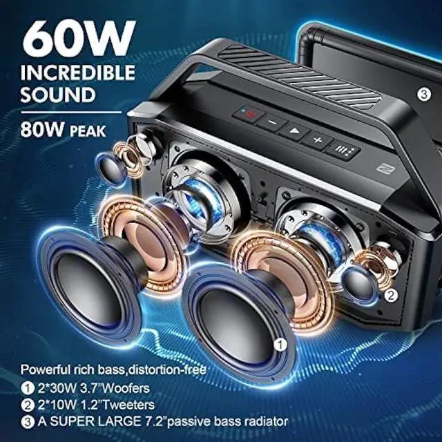 Alt view image 2 of 5 - W-KING Portable Loud Bluetooth Speakers with Subwoofer, 60W(80W Peak) Outdoor Speakers Bluetooth Wireless Waterproof Speaker, Deep Bass/V5.0/40H Play/Power Bank/TF Card/AUX/EQ, Large for Party (Black)