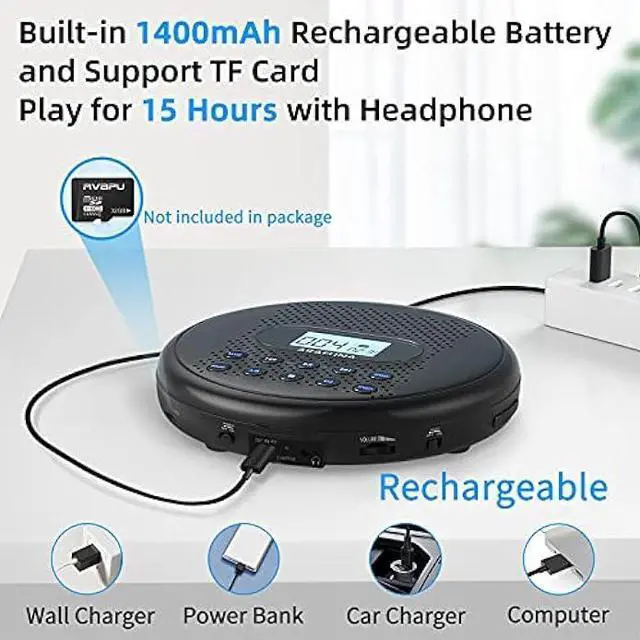 Alt view image 3 of 6 - ARAFUNA Portable CD Player with Dual Stereo Speakers, Rechargeable CD Player for Car with Anti-Skip Protection, Walkman CD Player with Headphones and AUX Cable