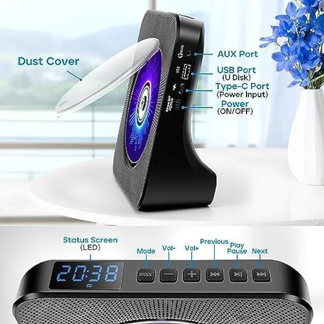 Alt view image 4 of 6 - Desktop CD Player with Speakers, ROADOM CD Players for Home, Portable CD Player with Bluetooth Hi-Fi Stereo Sound,Remote Control,Supports CD/Bluetooth/FM Radio/U Disk/AUX/Timer/Repeat,Black