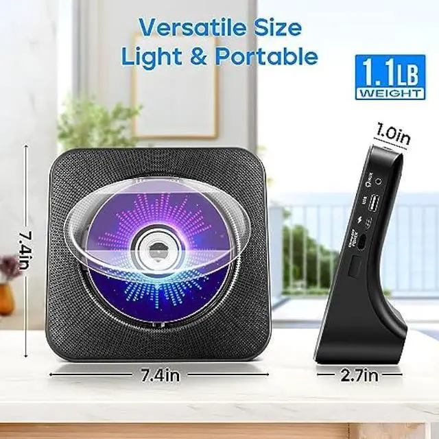 Alt view image 6 of 6 - Desktop CD Player with Speakers, ROADOM CD Players for Home, Portable CD Player with Bluetooth Hi-Fi Stereo Sound,Remote Control,Supports CD/Bluetooth/FM Radio/U Disk/AUX/Timer/Repeat,Black