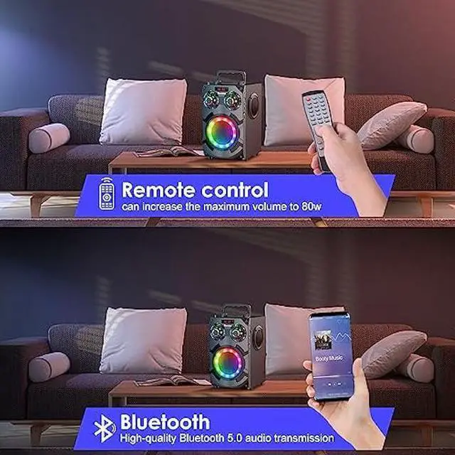Alt view image 6 of 6 - Portable Loud Bluetooth Speakers with Subwoofer, 80W Peak Powerful Large boombox Bluetooth Wireless with Stereo Sound, FM Radio, EQ, Remote, LED Lights, for Home Outdoor Party Holiday Birthday Gifts