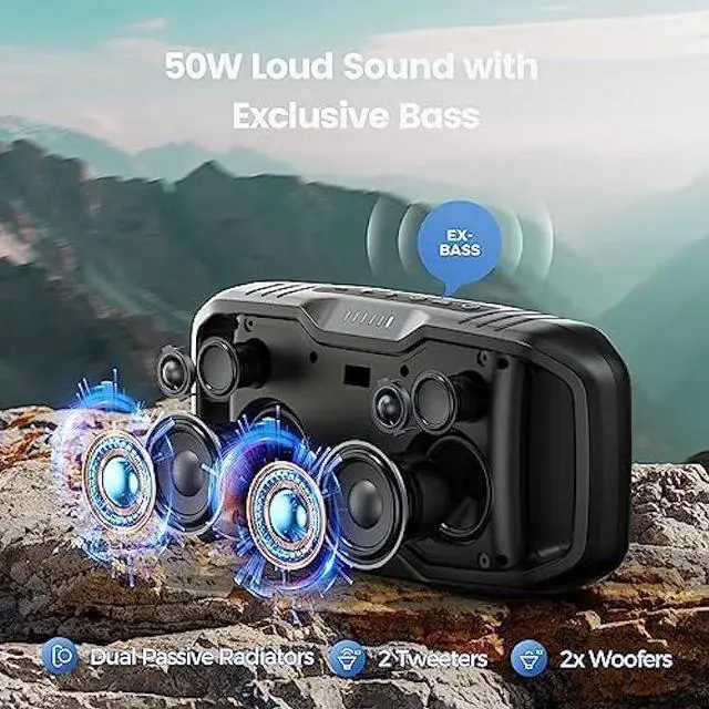 Alt view image 2 of 6 - DBSOARS Bluetooth Speakers with Subwoofer, Portable 50W Stereo Sound Wireless Speaker, IPX5 Waterproof Outdoor Speakers with TWS Pairing, Built-in Mic, Power Bank, 30H Playtime, AUX for Camping, Beach