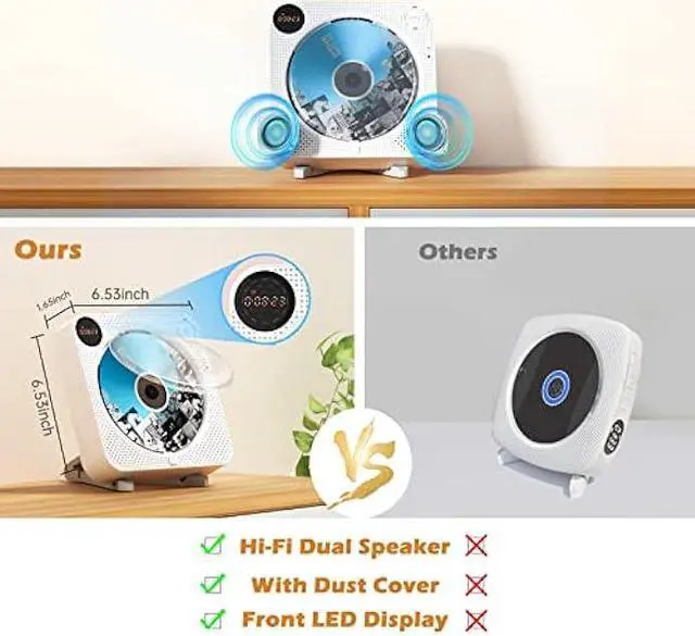 Alt view image 4 of 6 - CD Player Portable, Bluetooth CD Player with Speakers Wall CD Player for Home Rechargeable with Remote Control FM Radio Digital Screen Headphone Jack, Portable CD Player for Car Support AUX USB
